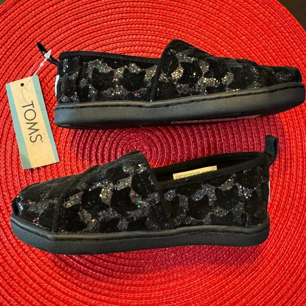 Toms Toddler Tiny Alpargata Black Flocked Cats Size 9 - Iridescent Glitter